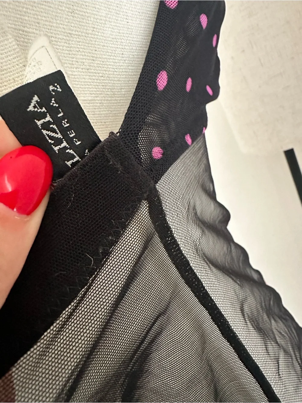 La Perla Sheer Black Embroidered Mesh Chemise with Pink Dot Cups